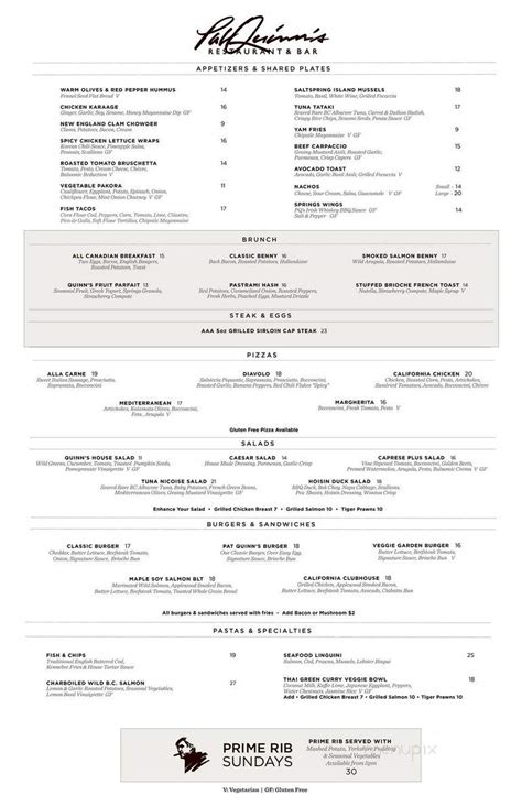 Menu Of Pat Quinn S Restaurant Bar In Tsawwassen BC V4M 2Z4