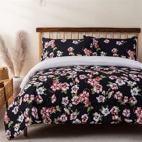 Dropshipful Black Floral Comforter Set Queen Size Red