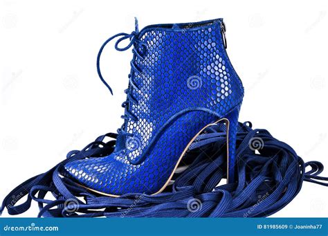 Women`s Shoes On A White Background Bright Blue Ankle Boots Stock