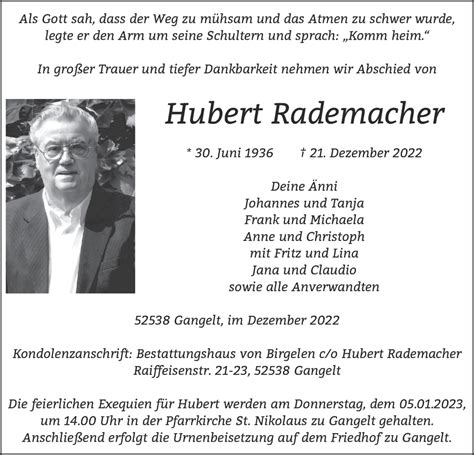 Traueranzeigen Von Hubert Rademacher Aachen Gedenkt