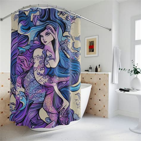 Blue And Purple Mermaid Tattoo Shower Curtain Ai Art Design Etsy