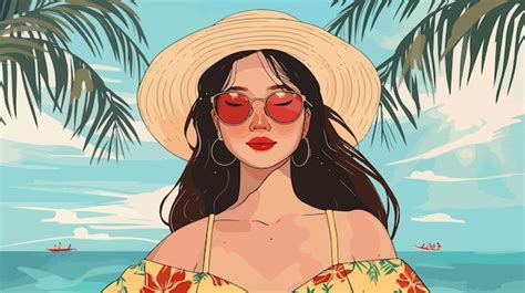 A Woman In A Straw Hat And Sunglasses Is Sitting On A Beach Premium Ai Generated Vector