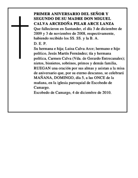 Primer Aniversario Del Se Or Y Segundo De Su Madre Don Miguel Calva