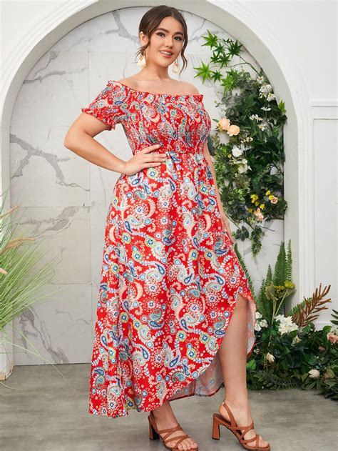 Plus Off Shoulder Shirred Paisley Print Dress Artofit