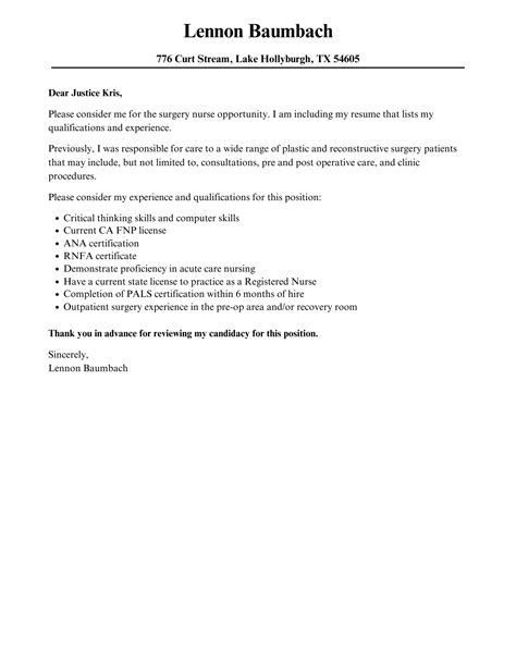 Surgery Nurse Cover Letter Velvet Jobs