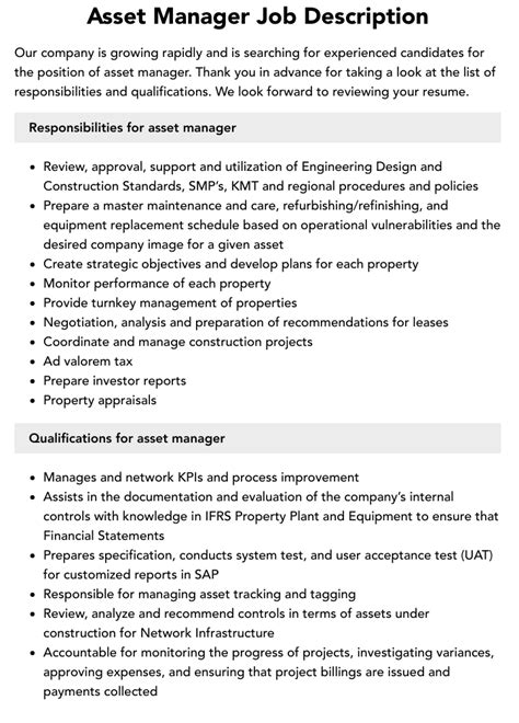 Asset Manager Job Description Velvet Jobs