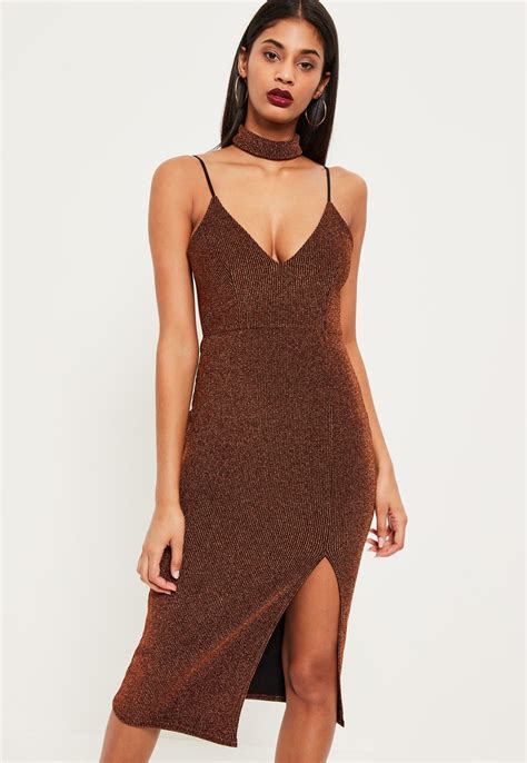 Missguided Bronze Metallic Thigh Split Midi Dress Metallic Cocktail