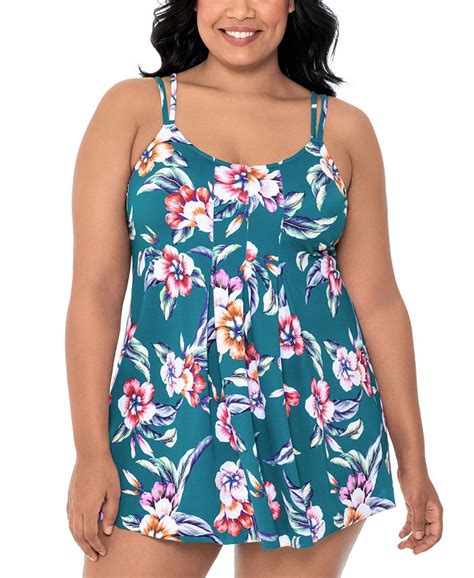 Swim Solutions Plus Size Floral Print Inverted Pleat Front Tummy