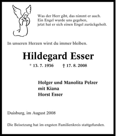 Traueranzeigen Von Hildegard Esser Trauer In Nrw De