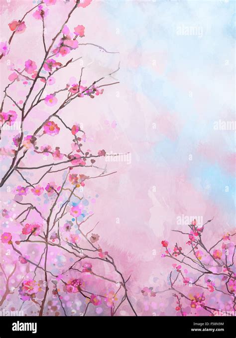 Painting pink floral Spring blossom background. Water color Painted ...