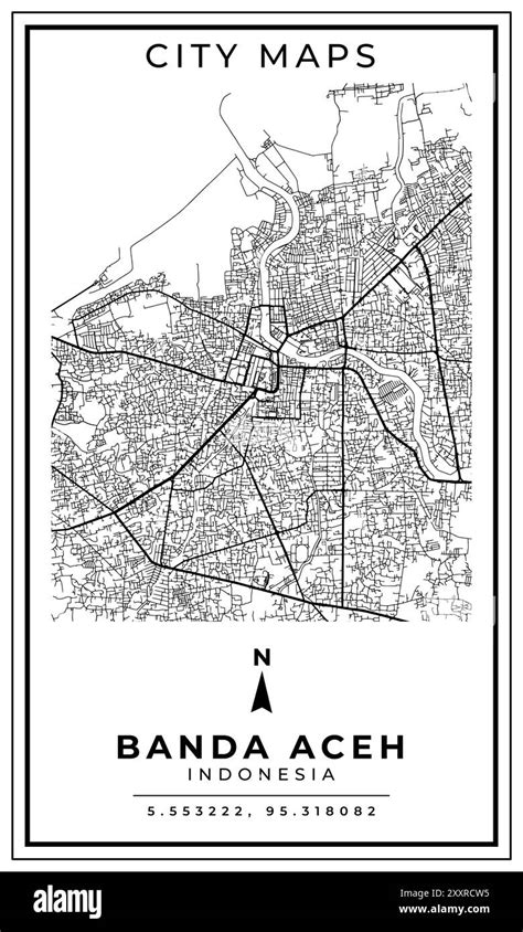 Black And White Printable Map Of Banda Aceh City Indonesia Banner