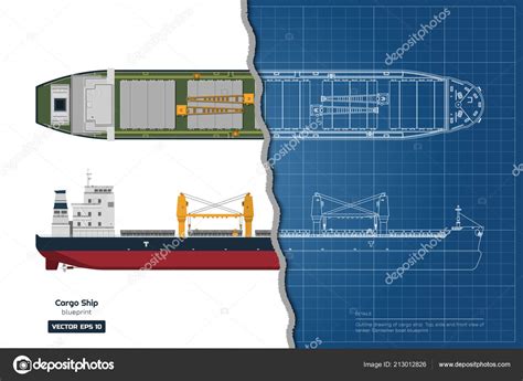 Blueprint of cargo ship on white background. Top, side and front view ...