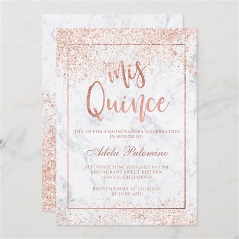 Rose Gold Glitter Frame Script Marble Quincea Era Invitation Zazzle