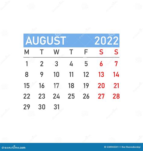 August 2022 Calendar Vector Illustration Of A Calendar For August 2022