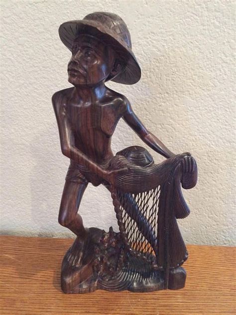 Vintage Carved Wooden Asian Fisherman Collectible Rare Vintage