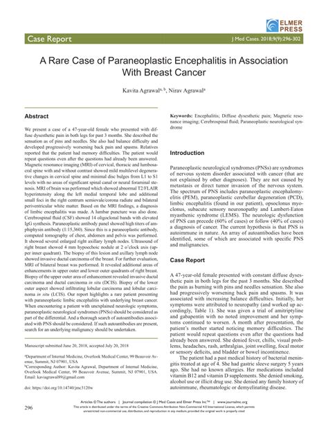 Pdf A Rare Case Of Paraneoplastic Encephalitis In Association With Breast Cancer