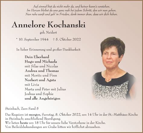 Traueranzeigen Von Annelore Kochanski Trauer36 De