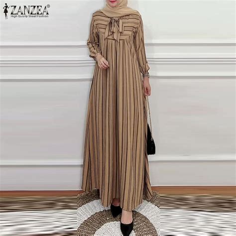 Hijabfab Zanzea Muslimah Women Muslim Dress Striped Printed Long