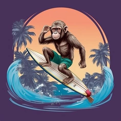 Singe Araf Sur Une Planche De Surf Dans L Oc An Avec Palmiers Ai