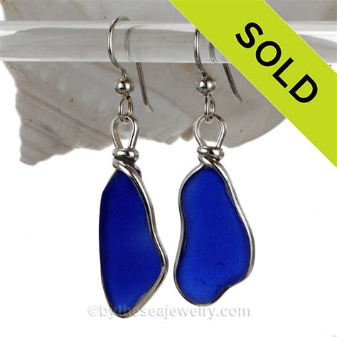 Perfect Genuine Cobalt Blue Sea Glass Earrings In Sterling Wire Bezel Setting© Sse1405