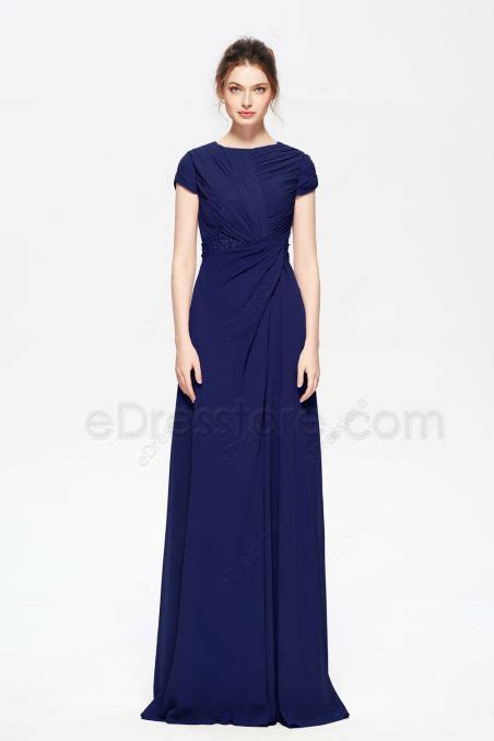 Navy Blue Modest Beaded Bridesmaid Dresses Cap Sleeves Edresstore