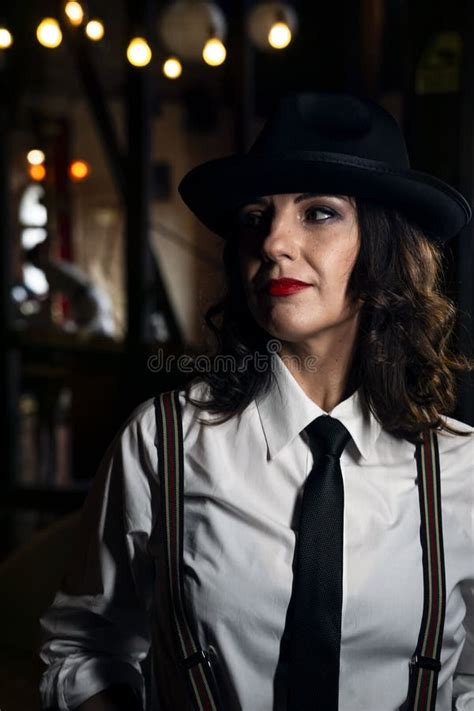 Mafia Game In Restaurant Beautiful Woman In Gangster Image Stock Image