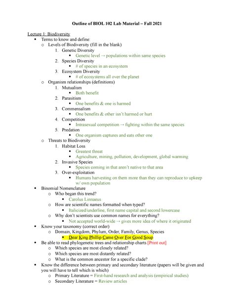 BIOL 102 L Study Guide Outline Of BIOL 102 Lab Material Fall 2021