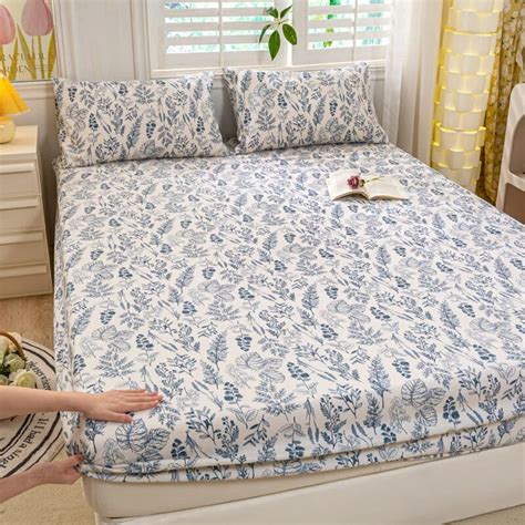 Ls Bonenjoy Washed Cotton Bed Fitted Sheet With Elastic Flower Printed