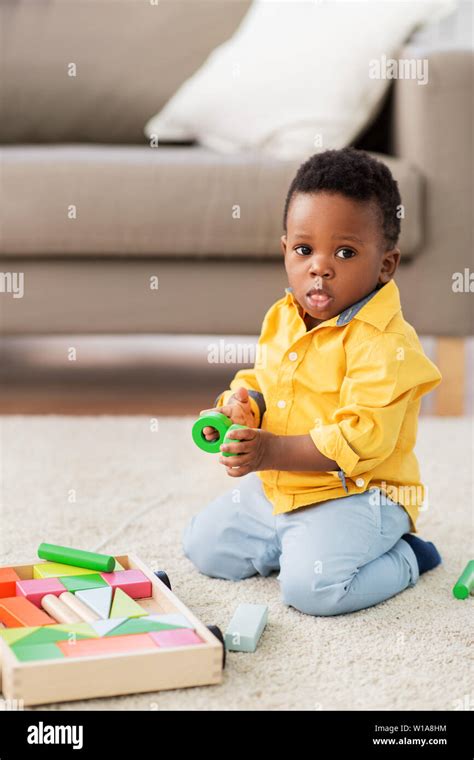 African American Baby Boy Playing With Toy Blocks Stock Photo Alamy