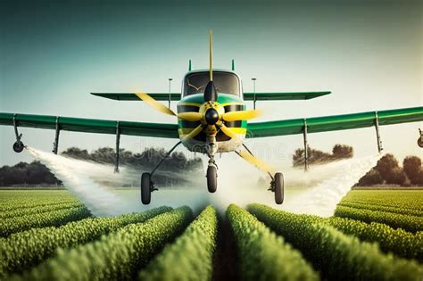 Green Crop Duster Airplane Aerially Applies Pesticide Spraying On Field