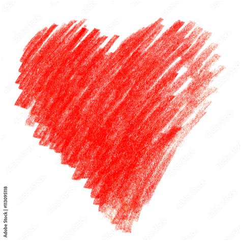 Bright Red Crayon Hand Drawn Spot In The Shape Of A Heart Hatching