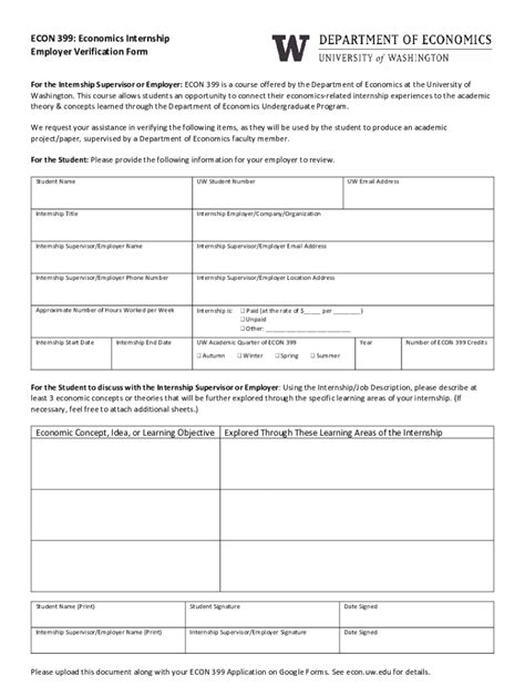 Fillable Online Econ Washington ECON 399 Employer Verification Form