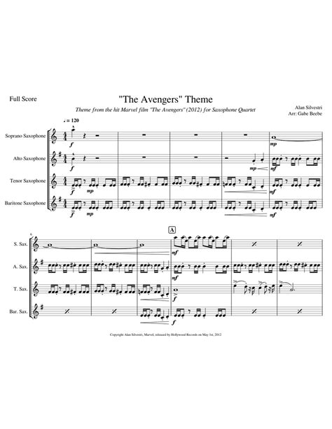 The Avengers Theme For Sax Quartet Arr Gabe Beebe Sheet Music For