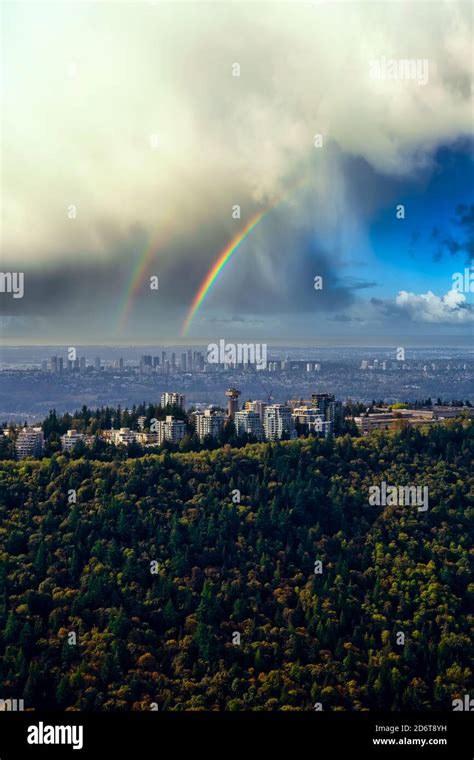 Aerial View Of Burnaby Mountain During A Vibrant Morning Stock Photo