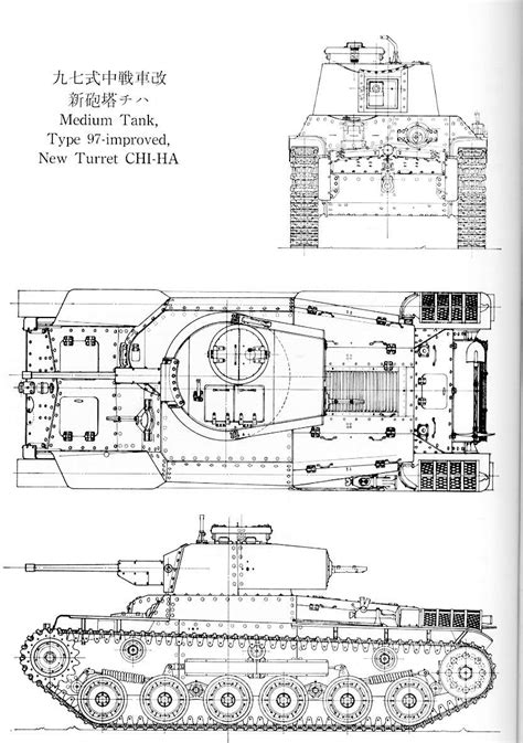 Type 97 Chi-Ha Blueprint - Download free blueprint for 3D modeling