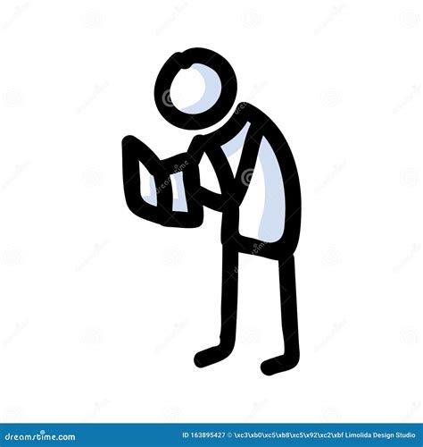 Reading Stick Figure Person Standing With Book Hand Drawn Isolated