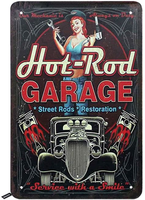 ASPORIC Hot Rod Garage Tin Signs Sexy Pin Up With Repair Tools And Retro Car On Black Background