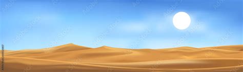 Vector Illustration Of Desert Panorama Landscape With Sand Dunes On Very Hot Sunny Day Summer