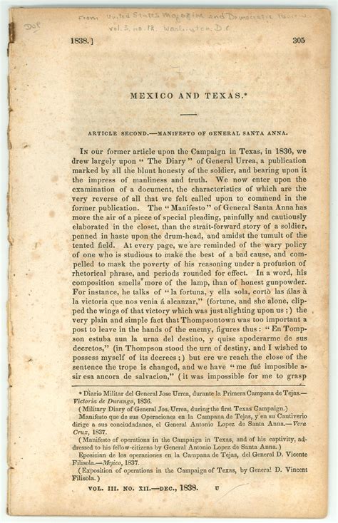 Mexico And Texas Article Second Manifesto Of General Santa Anna