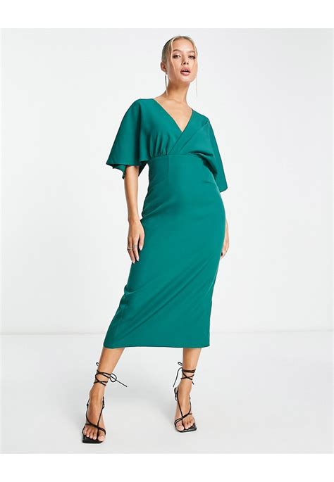 Asos Design Pleated Blouson Midi Dress In Forest Green