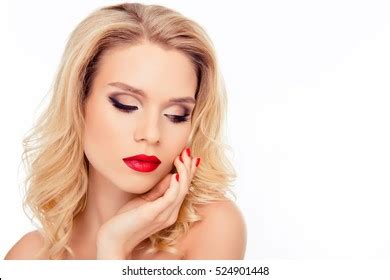 Sensual Sexy Blonde Red Lips Touching Stock Photo Edit Now