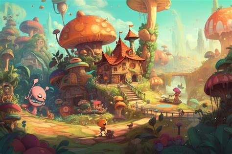 Premium AI Image A Painting Of A Mushroom Village With A Mushroom