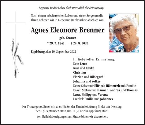 Traueranzeigen Von Agnes Eleonore Brenner Allg Uer Zeitung