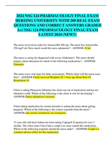 NSG 124 PHARMACOLOGY EXAMS BUNDLE 2024 HERZING UNIVERSITY WITH 300