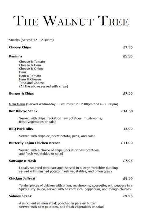 Menu at The Walnut Tree pub & bar, Andover