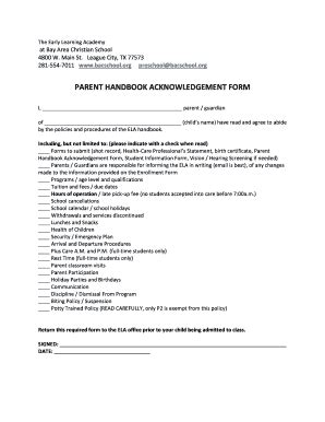 Parent Handbook Acknowledgement Form Fill Online Printable Fillable