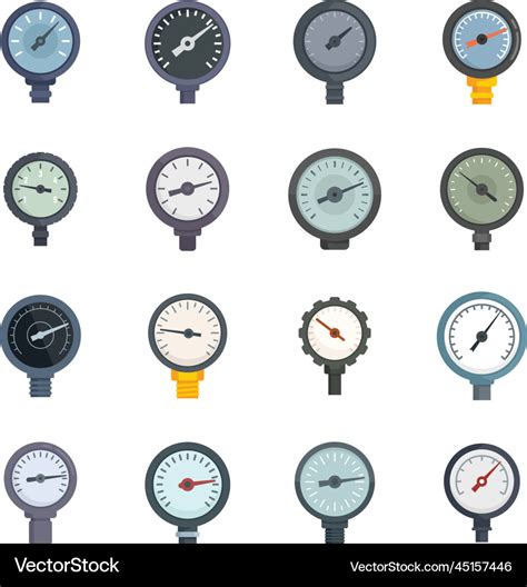 Manometer Icons Set Flat Pressure Gauge Royalty Free Vector