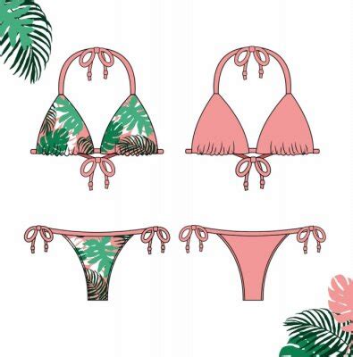 Bikini Front And Back View Swimsuit Fashion Flat Sketch Template Wall Stickers Illustration