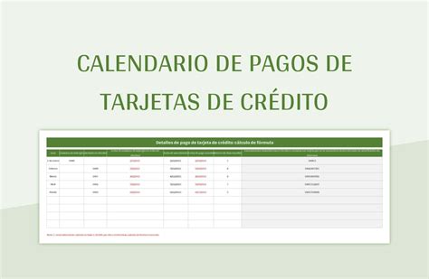 Plantilla de Formato Excel Calendario De Pagos De Tarjetas De Crédito y