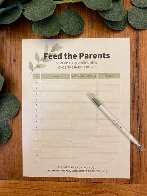 Baby Shower Meal Train Sign Up Sheet Eucalyptus Printable Etsy